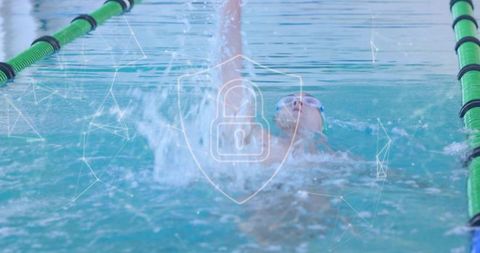 Young Athlete Competitive Swimming with Integrated Security Symbol