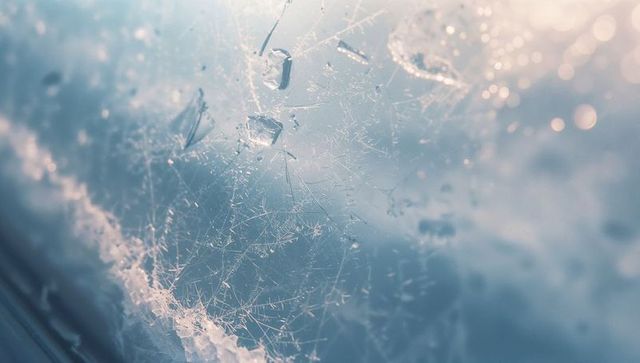 Frost crystals forming on glass during winter