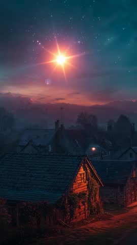 Vertical video pulsing celestial light bathing rural cottage lane in warm twilight glow