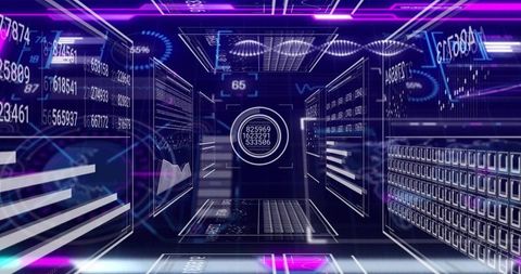 Projecting circular HUD displaying numeric codes in neon data corridor holographic matrix