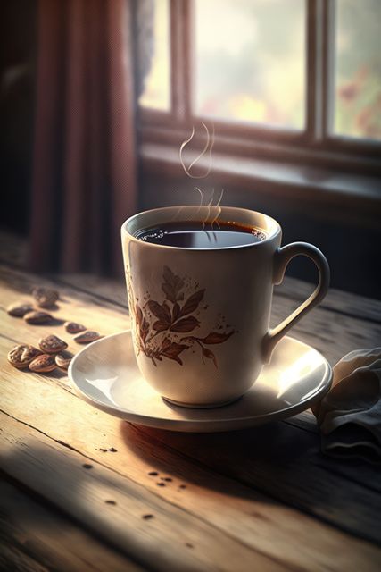 Steaming Hot Coffee in Floral Mug on Wooden Table by Sunlit Window - Download Free Stock Images Pikwizard.com