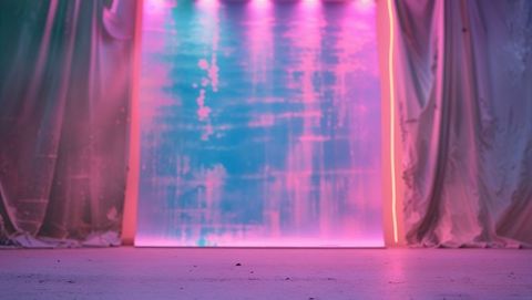 Vibrant neon lit studio backdrop with draped curtains