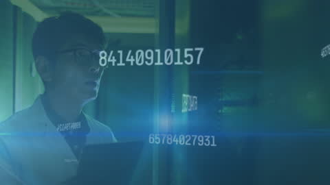 Cybersecurity Analyst in Server Room with Digital Data Visualization