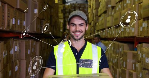 Caucasian Male Warehouse Worker with Digital Network Overlay - Download Free Stock Images Pikwizard.com