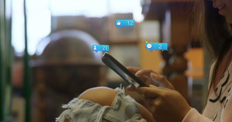 Caucasian Woman Engaging on Smartphone with Digital Icons