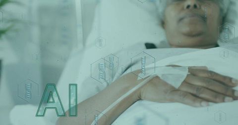 Senior woman receiving iv therapy on hospital bed with ai medical data overlay