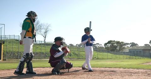 Baseball Players Ready at Home Plate for Action in Sunny Field