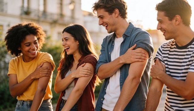 Friends laughing and playfully touching arms during golden hour in urban plaza, candid lifestyle