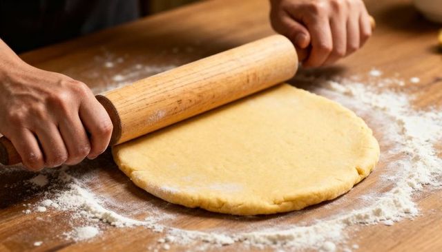 Rolling shortcrust pastry dough with wooden rolling pin on floured wooden countertop