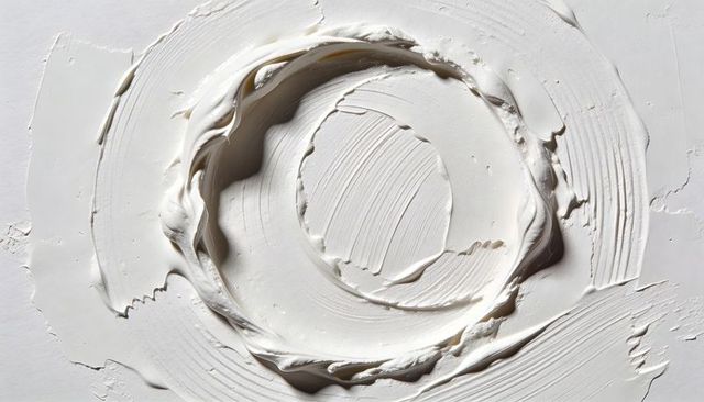 Circular swirl of thick white cream with palette-knife ridges, impasto texture closeup
