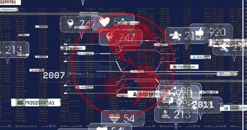 Pulsing Red Digital Globe with HUD Analytics, Social Notifications and Code Glitch
