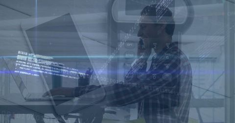 Tech Professional Typing on Laptop with Digital Code Overlay