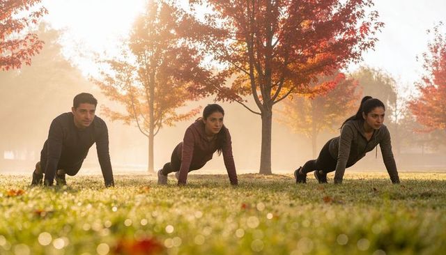 Trio performing push-ups on dewy autumn grass at sunrise in misty park