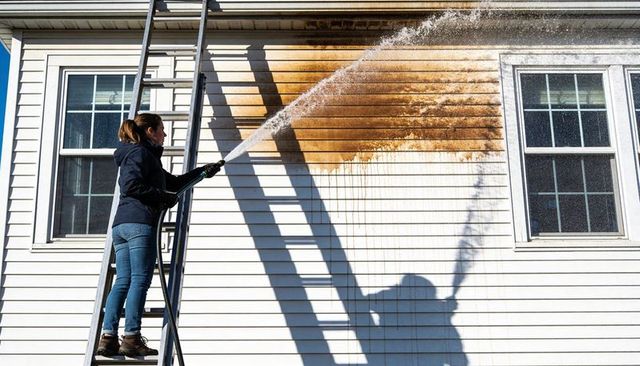 Woman cleaning stained vinyl siding with pressure washer from ladder in sunlight