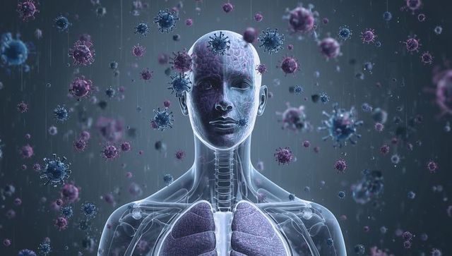 Futuristic medical visualization showing immune response