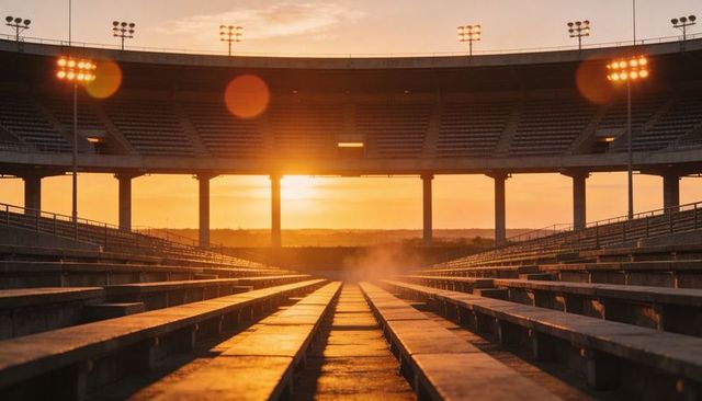 Golden-hour stadium bleachers converging toward sunset walkway with dramatic lens flare