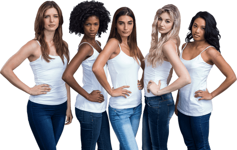 Confident Multiracial Women in Transparent White Tops Standing Together