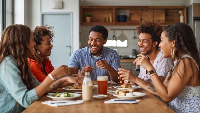 Joyful friends laughing during casual meal in modern kitchen