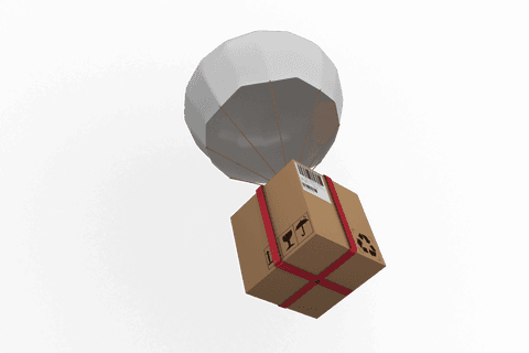 Transparent Parachute Delivering Cardboard Box in Mid-Air