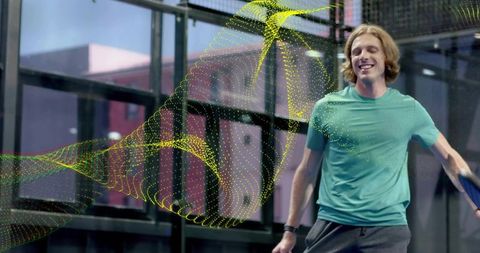 Smiling athlete training in urban glass studio with dynamic yellow waveform overlay