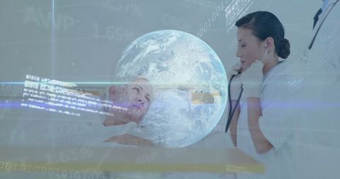 Futuristic Telemedicine with Doctor, Patient and Holographic Globe