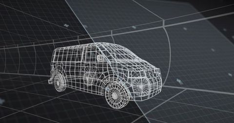 3d wireframe model of van in futuristic design studio