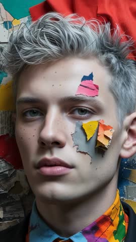 Vertical fashion video male model lowering eyelids with paper collage makeup and colorful collar