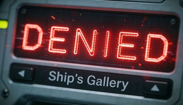 Futuristic ship console glowing denied alert with sparks and ship's gallery label