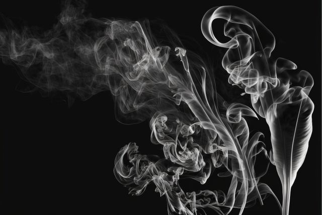 This abstract image features delicate, swirling white smoke patterns against a black background, creating a striking contrast. The fluid movement and intricate shapes make it ideal for use in designs emphasizing creativity, mystery, or elegance. It can be used in digital art projects, background elements for websites, or inspirational concepts in marketing materials.