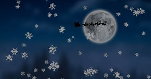 Santa Claus Sleigh Silhouette Against Full Moon and Falling Snowflakes