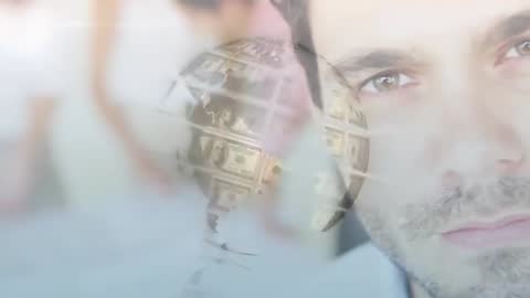 Emerging Male Executive With Breaking Dollar Globe Overlay