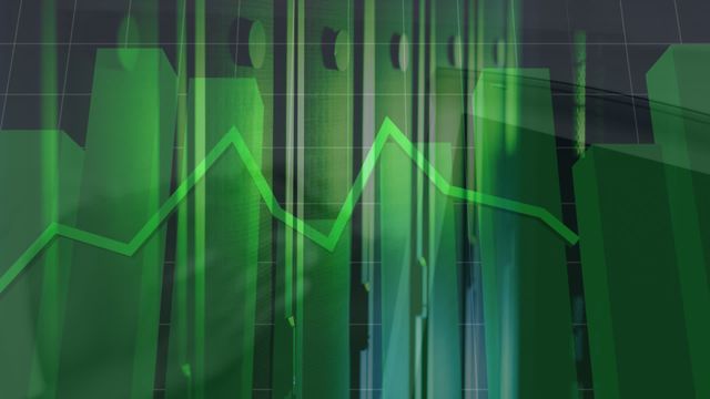 Animated graphs and data overlays in green are superimposed on a server room, illustrating data networking and business technology concepts. This visual effect, using multiple exposure and digital composites, makes it suitable for presentations on data centers, analytical reports, and network technologies.