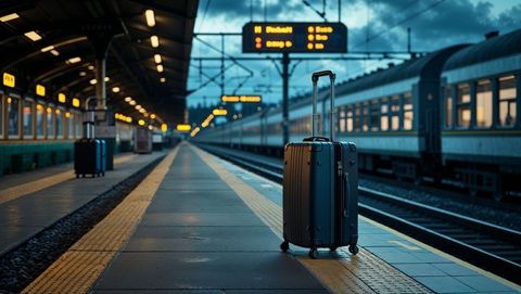 Abandoned suitcase at train station platform in evening light