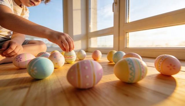 Child arranging pastel hand-painted easter eggs on sunlit wooden floor during golden hour