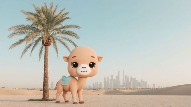 Cute baby camel in desert near city skyline