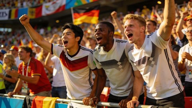 Cheering fans wearing germany jerseys waving flags in sunny stadium front-row crowd