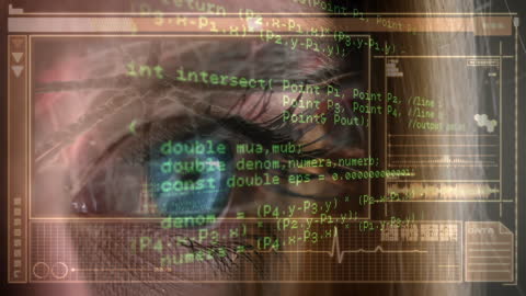 Cyber Interface with Digital Code Over Eye Close-Up