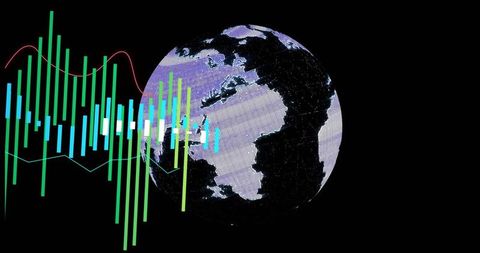Globe glowing with neon data bars and waveforms visualizing global analytics, futuristic dashboard
