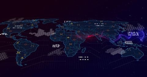 Displaying Neon Blue Wireframe World Map on Tilted 3D Holographic Dashboard with Hex Clusters