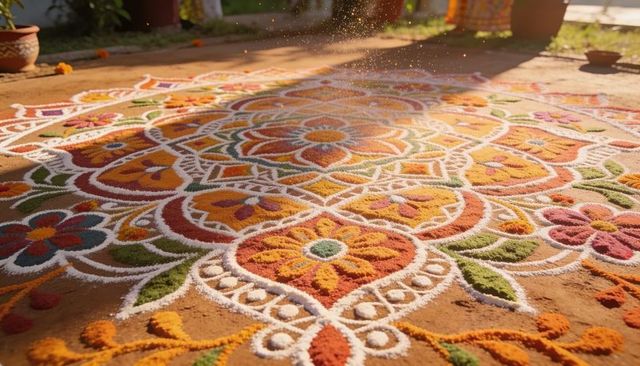 Vibrant rangoli mandala decorating courtyard with marigold petals and sunlit colors