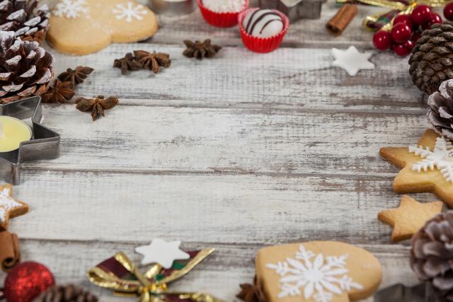 Christmas cookies and various festive decorations arranged on a rustic wooden plank. Ideal for holiday-themed designs, greeting cards, seasonal promotions, and baking blogs. The image evokes a warm, festive atmosphere perfect for Christmas celebrations.