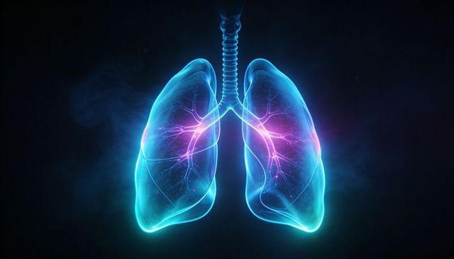 Neon holographic lungs showing glowing bronchi and trachea for medical concept