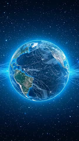 Vertical video rotating digital globe pulsing energy grid, revealing global network
