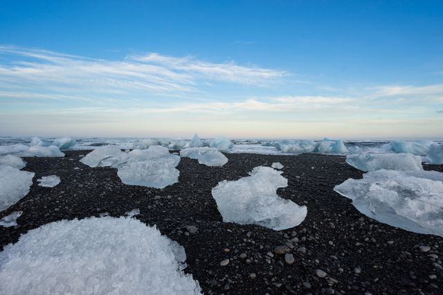 This serene scene captures melting icebergs scattered on a black sand beach with a clear sky overhead, showcasing the stark contrast and the impact of climate change. Ideal for environmental awareness campaigns, educational materials on global warming, or nature-related publications.
