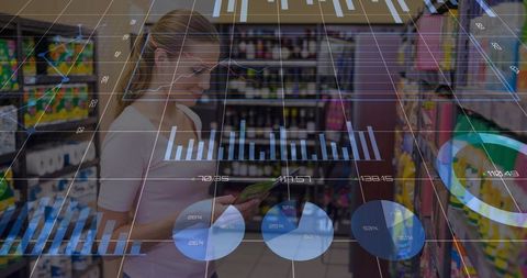 Shopper using AR analytics in supermarket aisle studying product details and prices