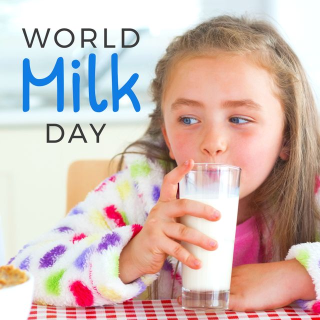 Caucasian Girl Drinking Milk Celebrating World Milk Day - Download Free Stock Templates Pikwizard.com