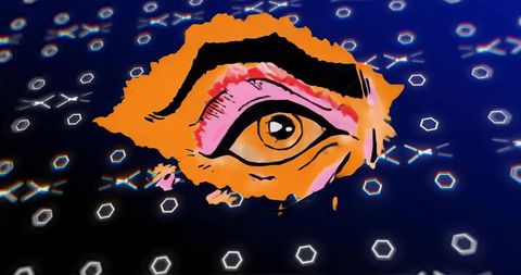 Floating Stylized Eye Over Futuristic Network With Glowing Hexagonal Nodes, AI Concept
