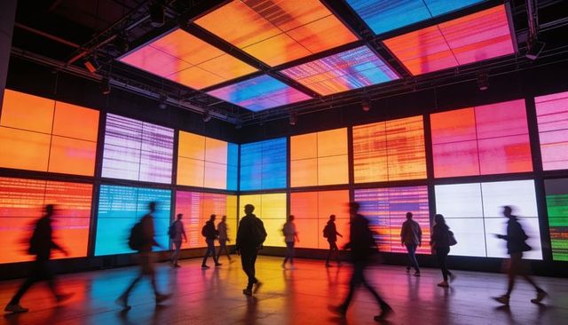 Walking silhouettes passing through neon LED grid gallery with multicolor digital panels
