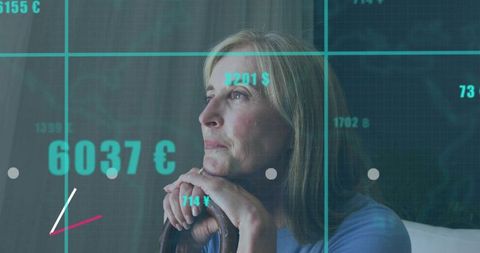 Contemplating mature woman with financial data overlay planning retirement savings at home