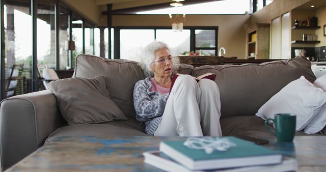 Elderly woman savoring a quiet afternoon, immersed in a book, while sitting on a cozy sofa in a well-lit living room. The scene exudes warmth and peacefulness, making it ideal for depicting serene home life, relaxation, and senior care lifestyle.